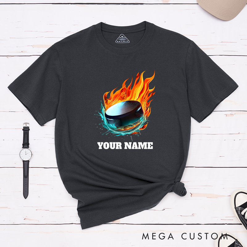 Personalized Flaming Hockey Puck T-Shirt with Custom Name  