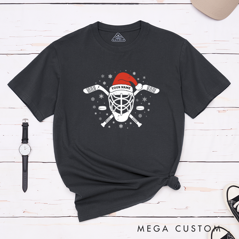 Personalized Hockey T-Shirt with Custom Name and Festive Santa Hat Design
