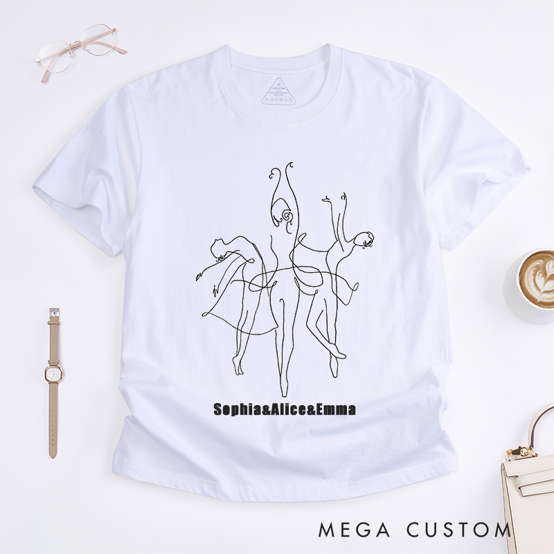 Personalized Ballet Dancers Line Art T-Shirts Custom Name Artistic Dance Outline Gift for Women Unique Minimalist Ballerina Drawing Shirt