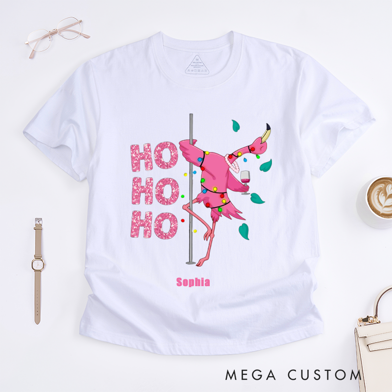 Personalized Funny Flamingo Dance T-Shirts Ho Ho Ho Design Unique Gift for Women Custom Name Tee for Her