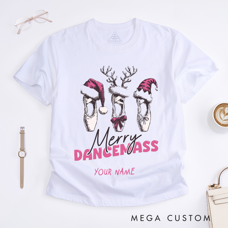 Personalized Merry Dancemass Ballet Shoes Christmas T-Shirts Custom Name Dance Lover Gift Unique Tee for Women Dancer Xmas Present