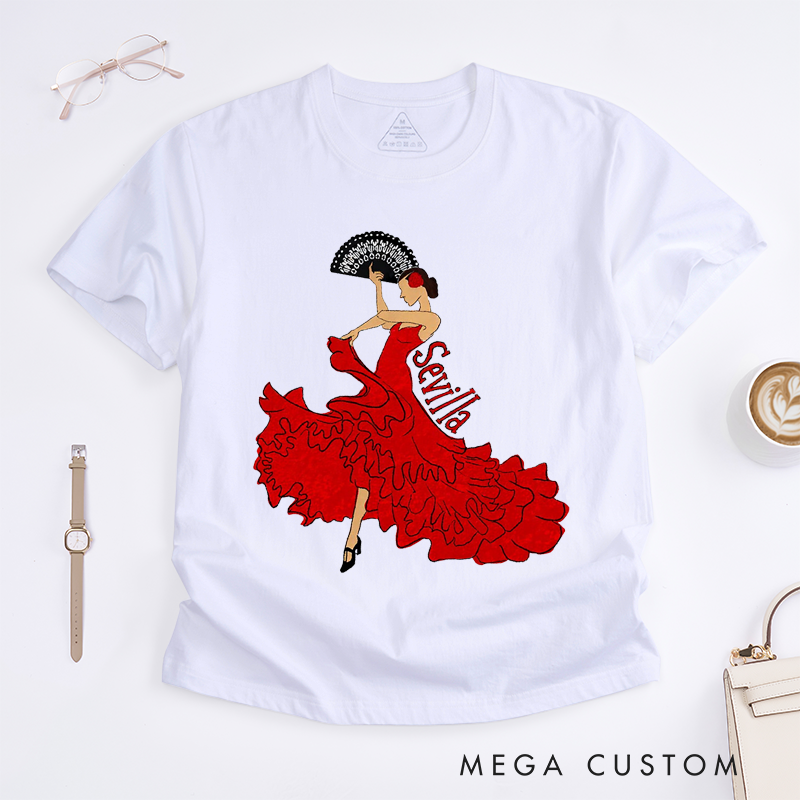 Personalized Flamenco Dancer Sevilla T-Shirts Custom Name Spanish Dance Gift for Women Unique Red Dress Art Tee Present for Dancer Lover