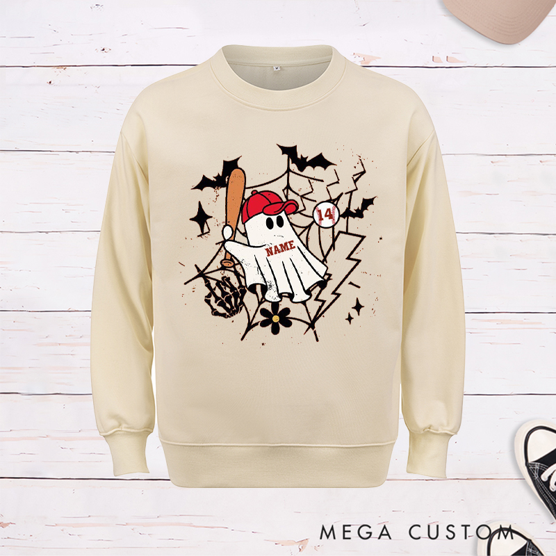 Personalized Halloween Ghost Baseball Sweatshirt with Custom Name and Number 