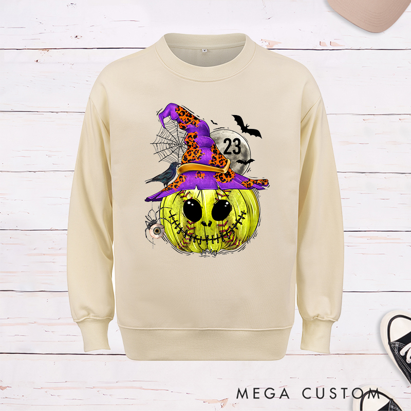 Personalized Enchanted Softball Pumpkin Witch Sweatshirt with Custom Number