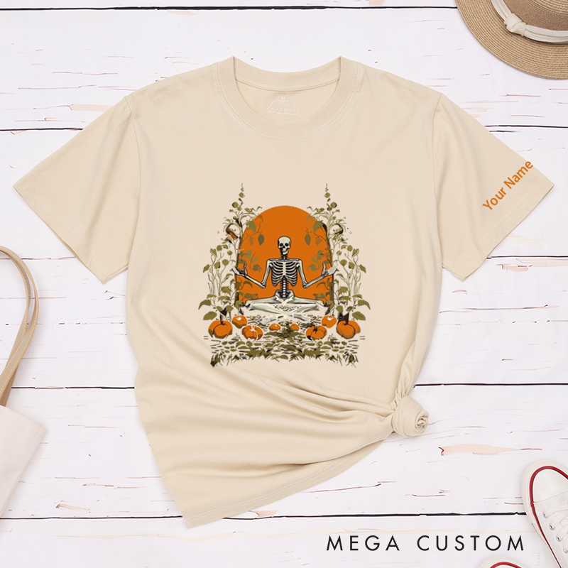 Personalized Halloween Skeleton T-Shirt with Pumpkin Meditation Design Perfect Gift for Yoga Lover and Halloween