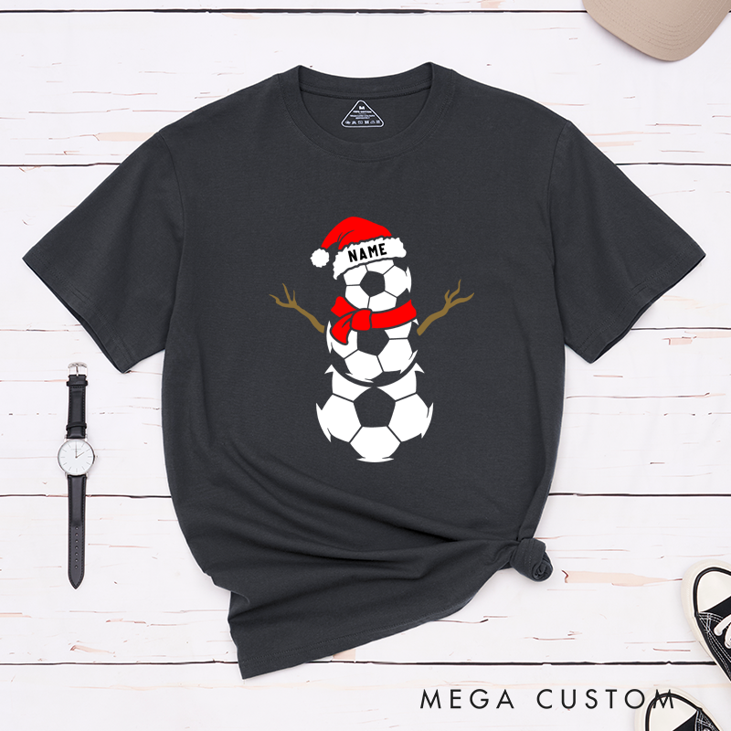 Personalized Soccer Snowman T-Shirt with Custom Name and Festive Design