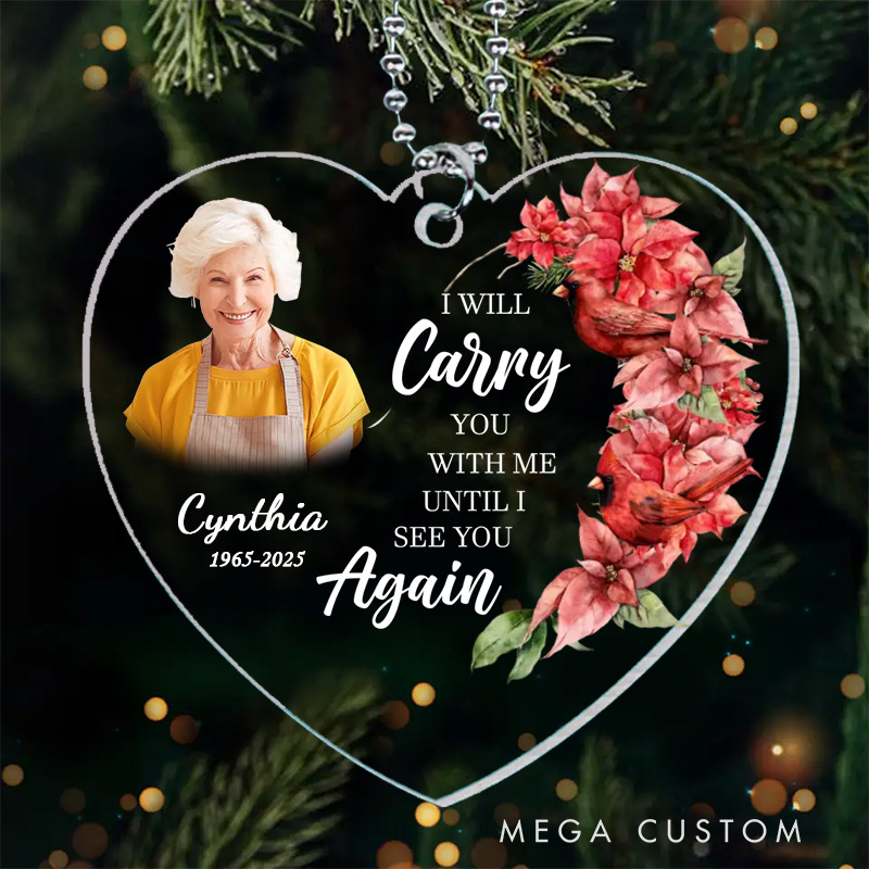 Personalized Heart Shaped Memorial Ornament Customizable Photo Name Year Quote Cardinal Poinsettia Keepsake