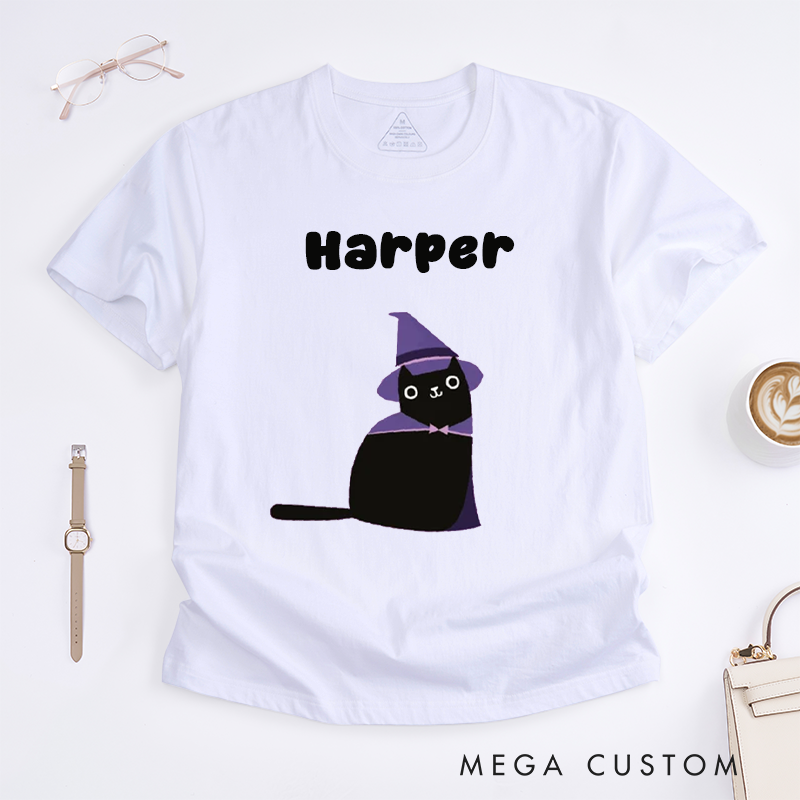 Personalized Black Cat Witch Hat T-Shirts Custom Name Gift Cute Magic Cat Tee for Women Present Unique Cat Lover Top