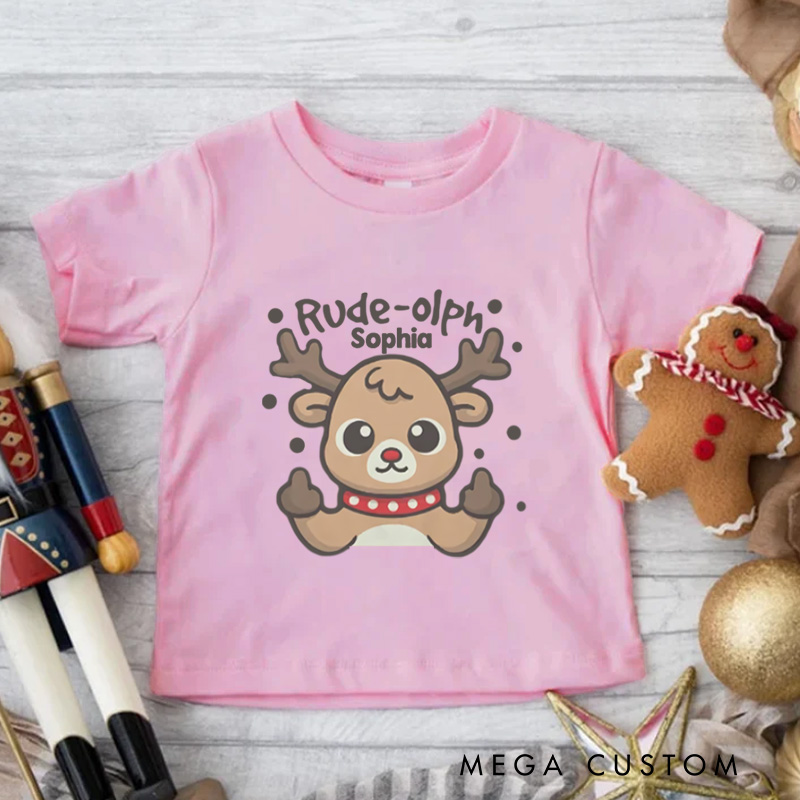 Personalized Rude Reindeer with Playful Expression Christmas Kids T-Shirt