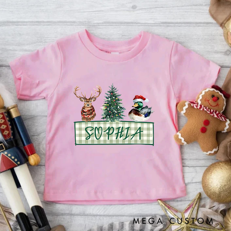 Personalized Reindeer and Tree with Plaid Name Banner Christmas Kids T-Shirt