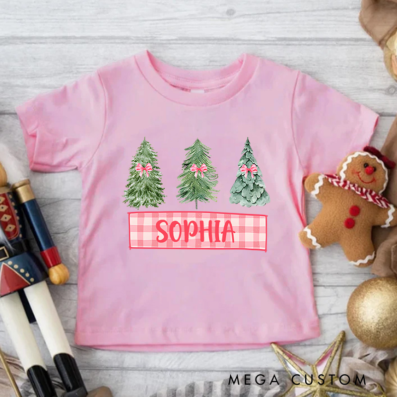 Personalized Trio of Christmas Trees with Plaid Accents Christmas Kids T-Shirt