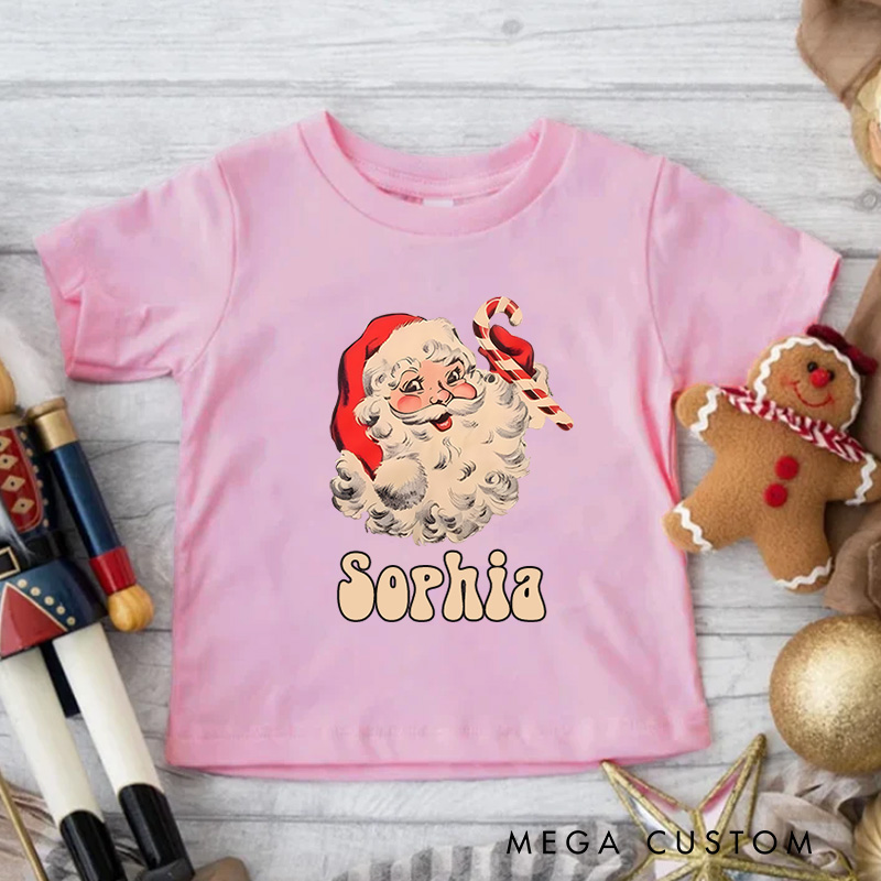Personalized Vintage Santa with Cheerful Expression Christmas Kids T-Shirt