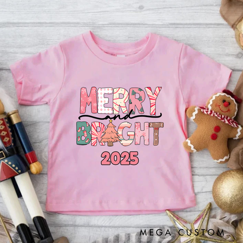 Personalized Merry and Bright with Festive Lettering Christmas Kids T-Shirt