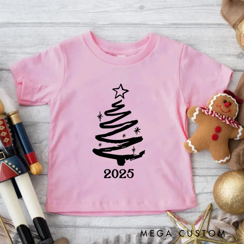 Personalized Minimalist Black and White Christmas Tree Christmas Kids T-Shirt