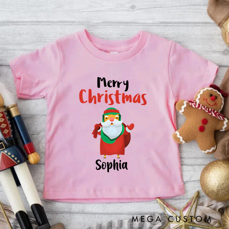 Personalized Santa with Gift Bag and Merry Christmas Text Christmas Kids T-Shirt