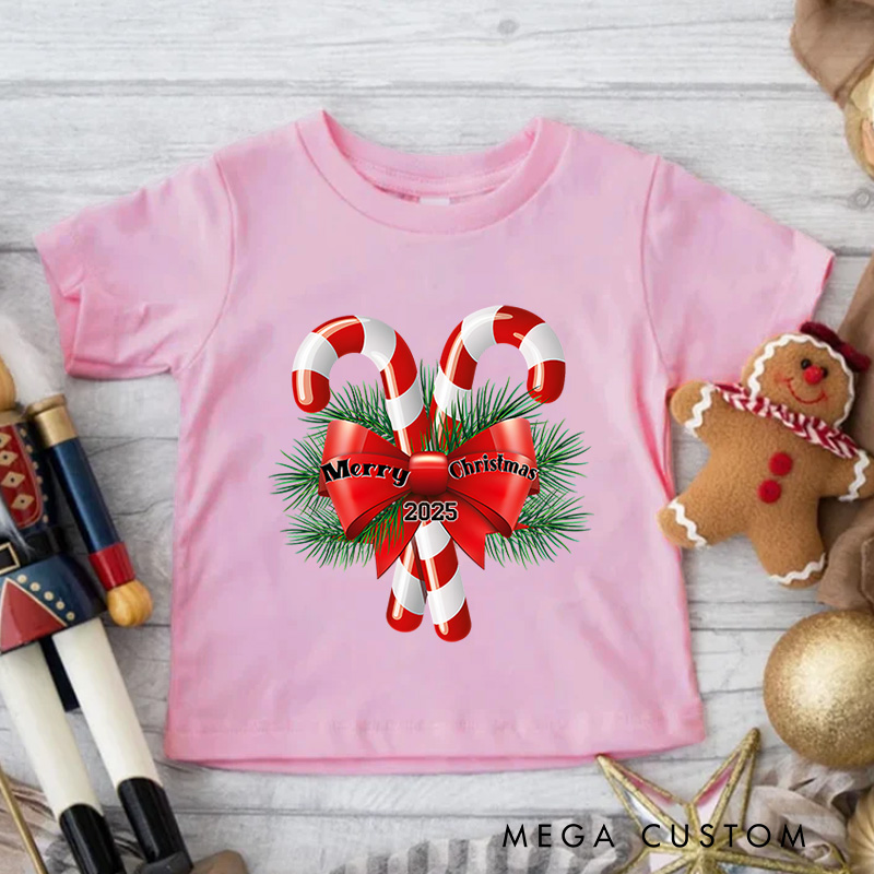 Personalized Candy Canes with Bow and Holly Accents Christmas Kids T-Shirt