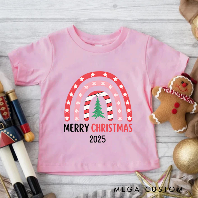 Personalized Rainbow with Merry Christmas Text and Stripes Christmas Kids T-Shirt