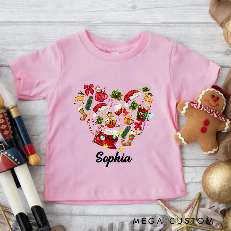 Personalized Heart Shape Made of Christmas Decorations Christmas Kids T-Shirt