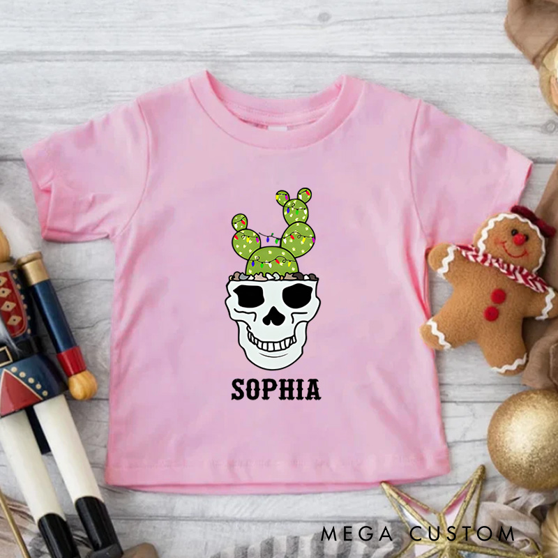 Personalized Skull with Reindeer Antlers and Festive Details Christmas Kids T-Shirt