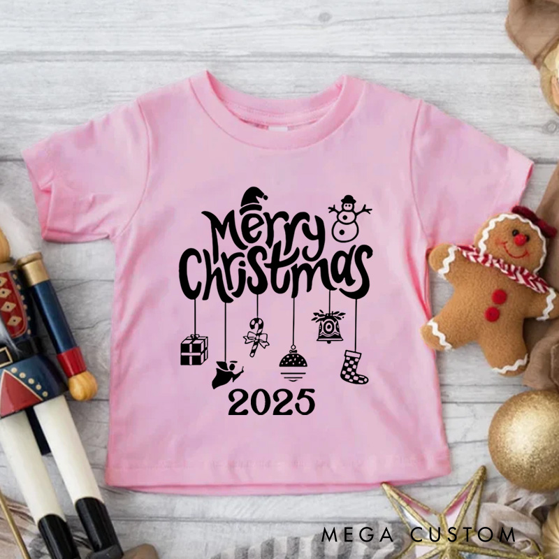 Personalized Gold Merry Christmas Text with Holiday Icons Christmas Kids T-Shirt