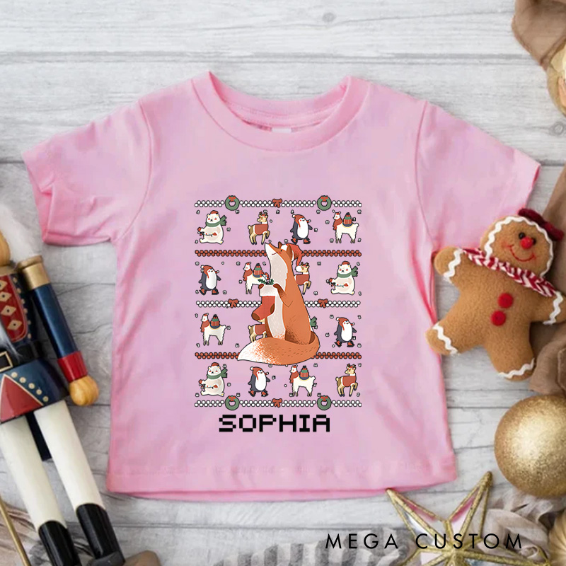 Personalized Reindeer with Snowman and Ugly Sweater Style Christmas Kids T-Shirt