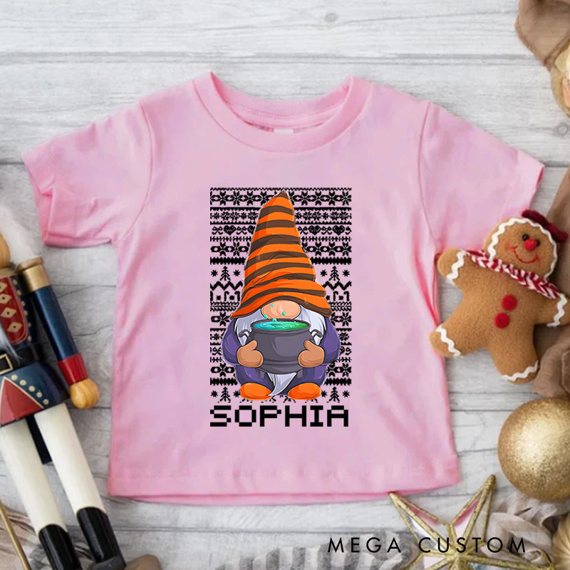 Personalized Christmas Gnome with Stars and Festive Details Christmas Kids T-Shirt