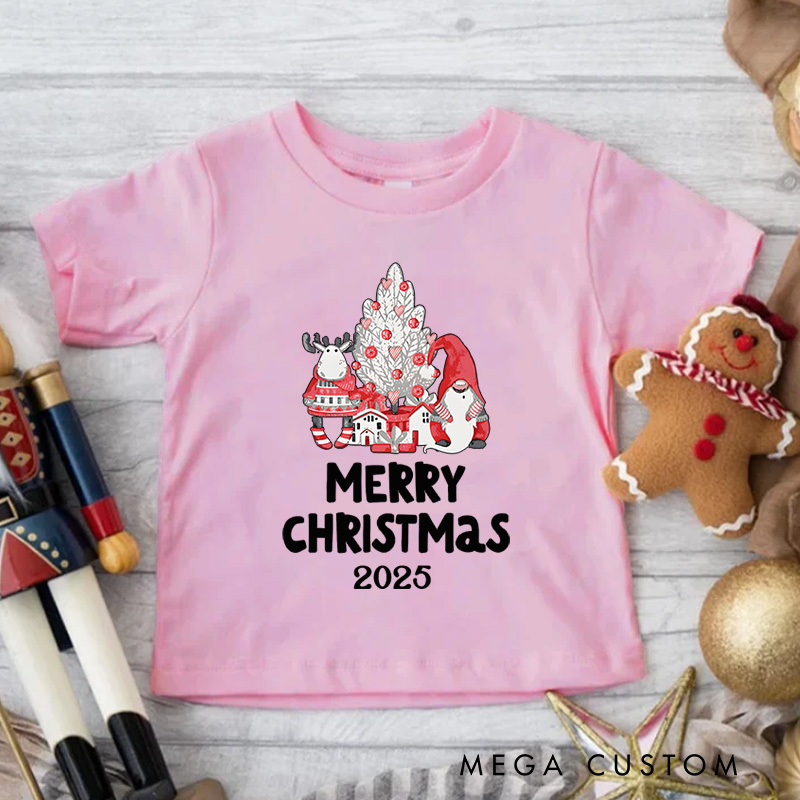 Personalized Santa with Merry Christmas Text and Snowflakes Christmas Kids T-Shirt