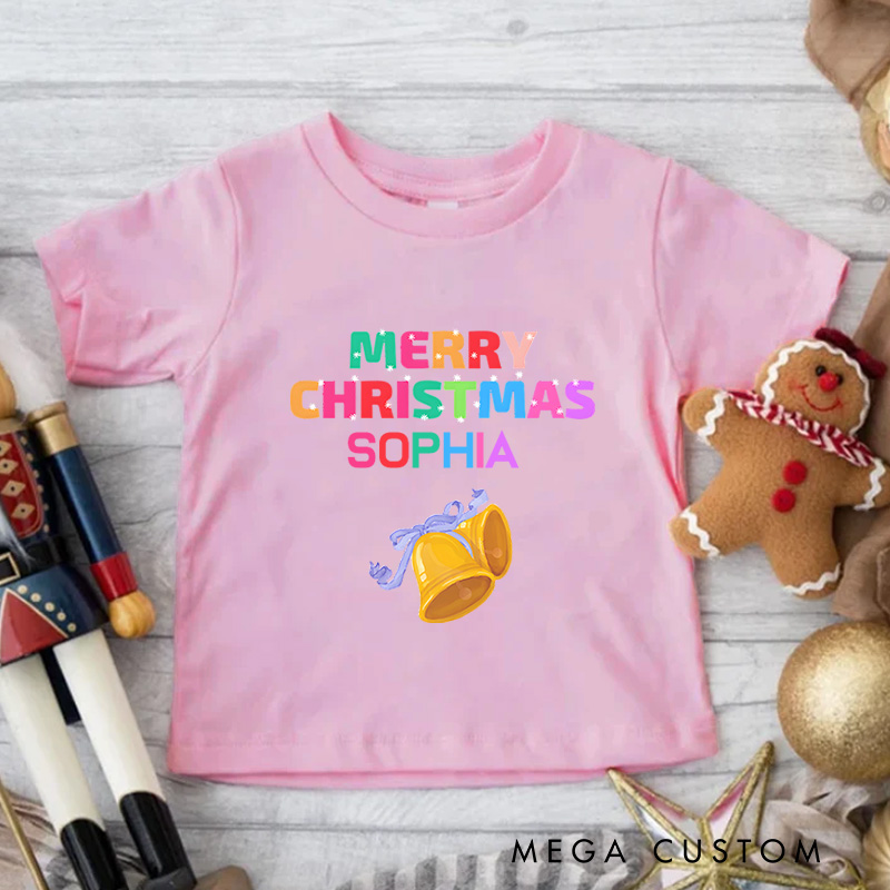 Personalized Merry Christmas with Colorful Bells and Lights Christmas Kids T-Shirt