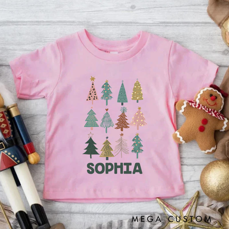 Personalized Patchwork Christmas Trees with Rustic Style Christmas Kids T-Shirt