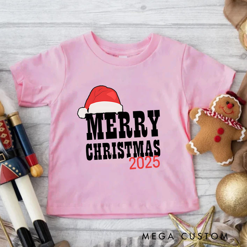 Personalized Merry Christmas with Santa Hat and Bold Text Christmas Kids T-Shirt