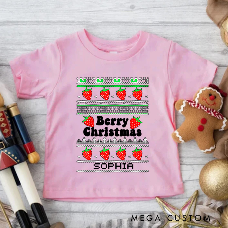 Personalized Berry Christmas with Festive Fruit and Patterns Christmas Kids T-Shirt