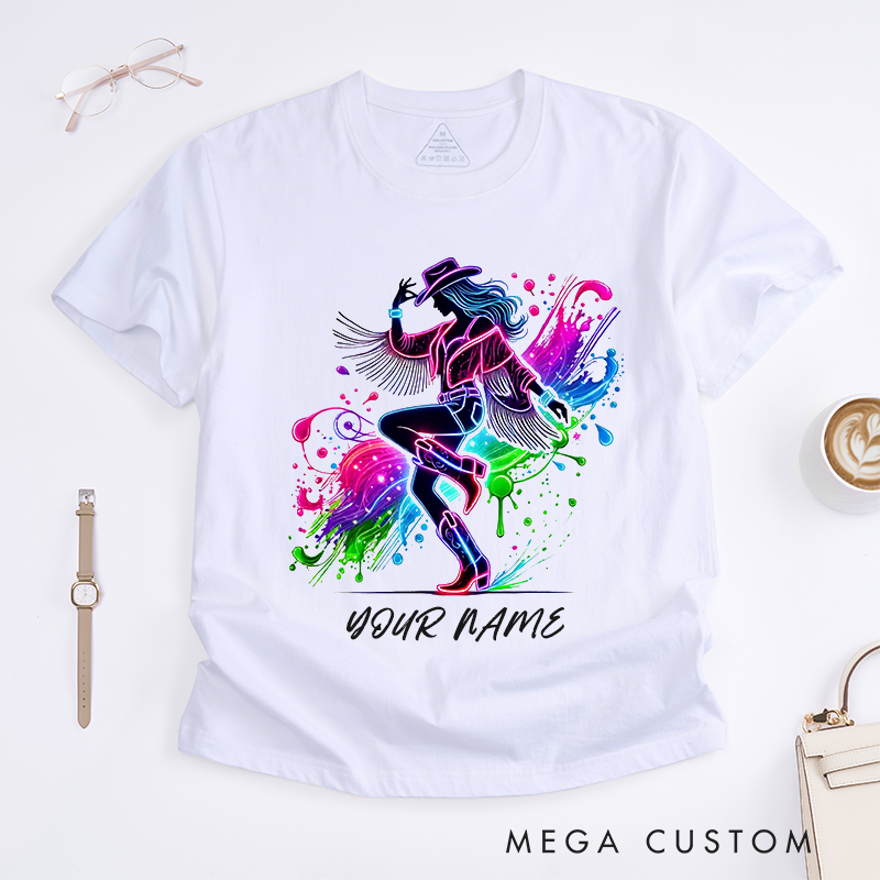 Personalized Neon Country Cowgirl Dance T-Shirts Custom Name Western Fringe Boots Gift Colorful Splash Art Unique Outfit for Women Friends