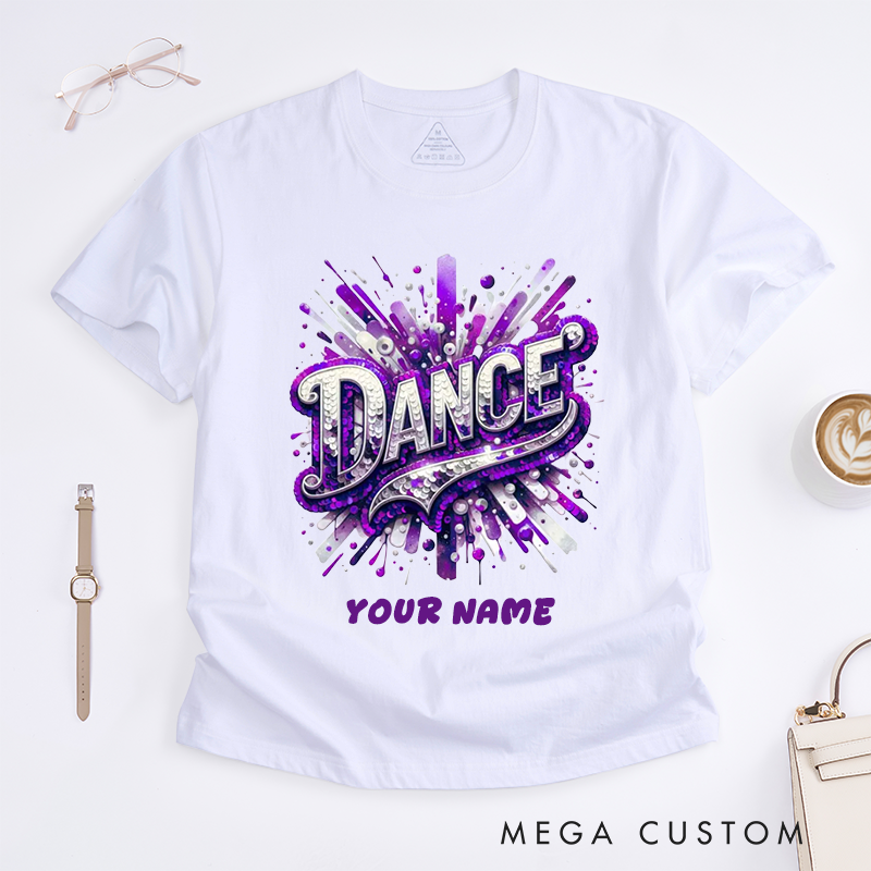 Personalized Dance T-Shirts Design Sequin Glitter Blue Sparkle Custom Name Gift for Women Unique Fashionable Dance Top for Girls Present Dancewear