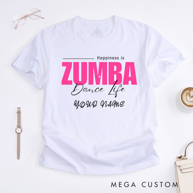 Personalized Zumba Dance Life T-Shirts Women Custom Name Fitness Workout Happiness Gift for Zumba Lovers Active Present for Her