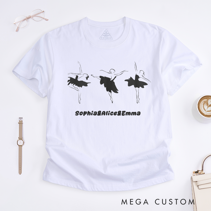 Personalized Ballet Dancer T-Shirts Women Custom Name Black Silhouette Ballet Skirt Elegant Dance Gift for Ballerina Present Dance Lover