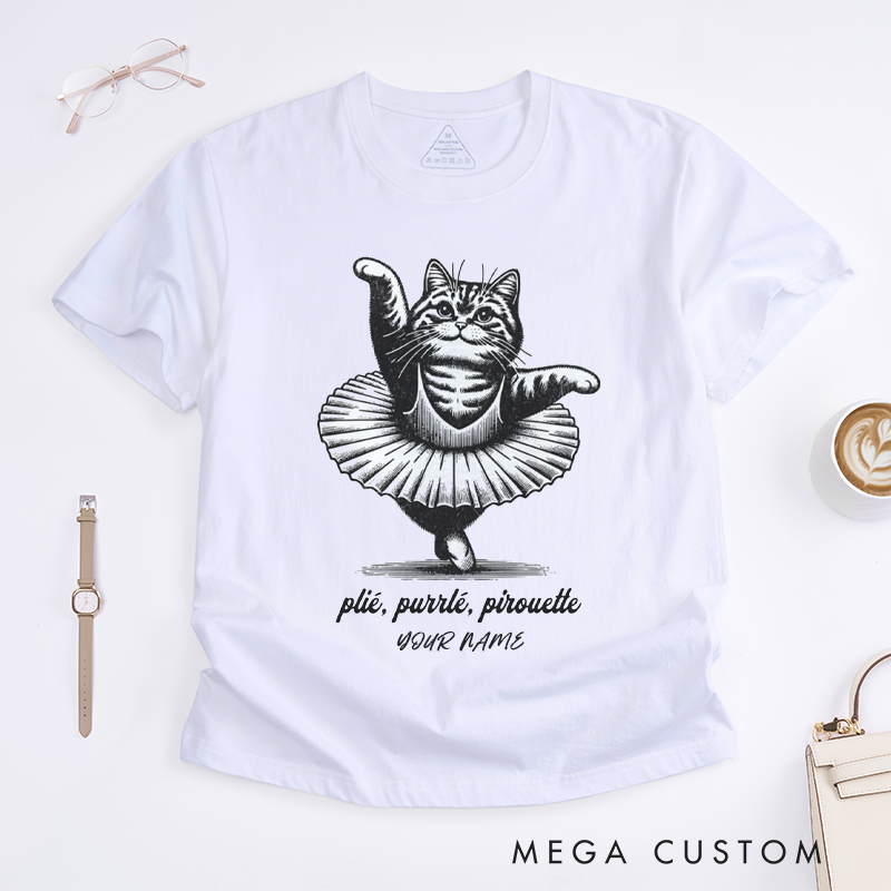 Personalized Ballet Cat T-Shirts Funny Ballerina Kitty Dance Lover Gift for Women Custom Name Cat Dance Top for Mom Daughter Friend
