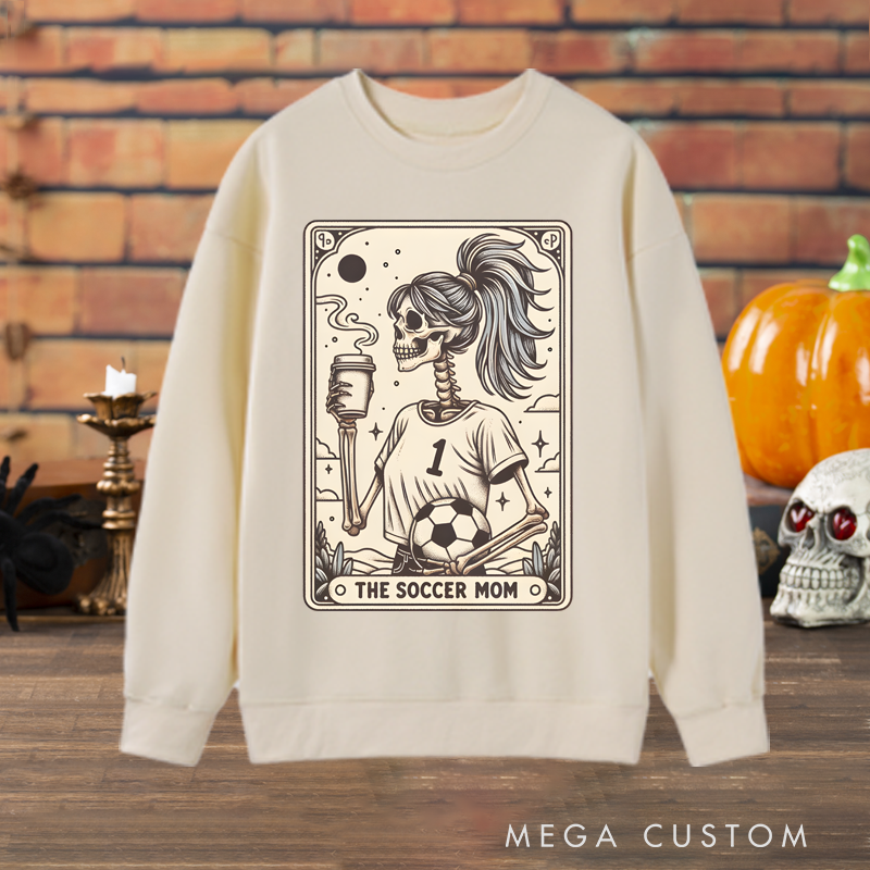 Personalized "The Soccer Mom" Halloween Sweatshirt with Skeleton Tarot Card Design and Custom Number