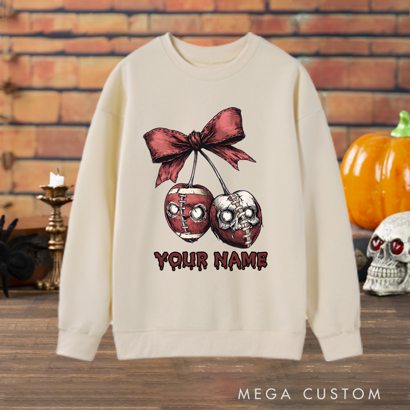 Personalized Zombie Cherry Design American Football Sweatshirt with Custom Your Name for a Creepy Cute Look