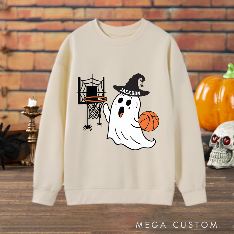Personalized Halloween Ghost Basketball Sweatshirt with Custom Name and Spooky Hoop Design