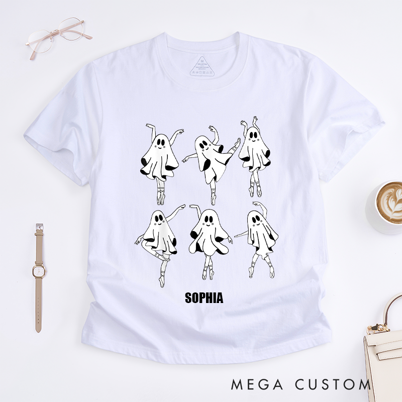 Personalized Cute Ghost Ballet Dancer T-Shirts for Women Custom Name Halloween Dance Lover Gift Unique Spooky Ballet Printed Tee Present