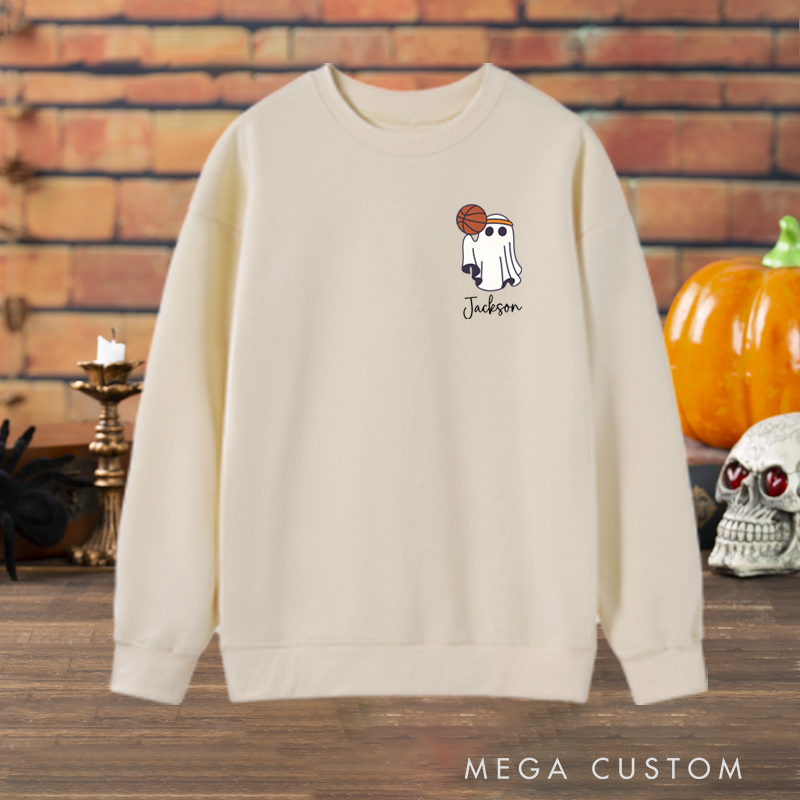 Personalized Halloween Sweatshirt with Ghost Basketball Design and Custom Name