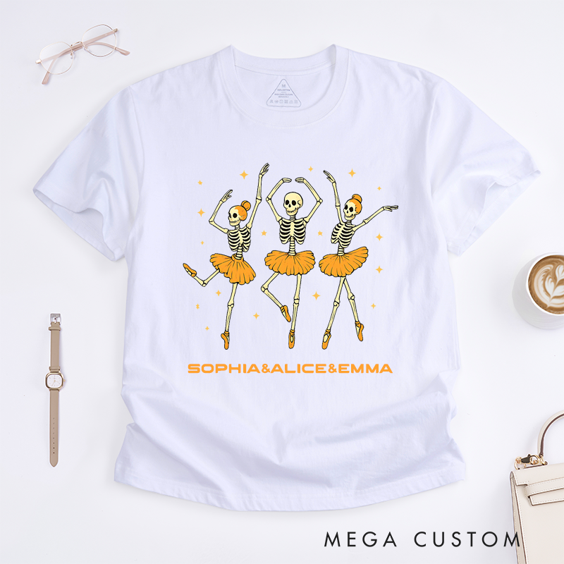 Personalized Skeleton Ballet Dancer T-Shirts Spooky Halloween Funny Dancing Skeletons Custom Name Gift for Ballet Lover Women Girls