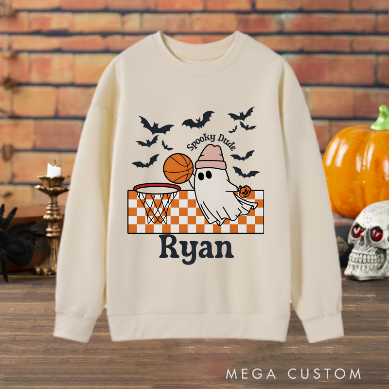 Personalized Halloween Sweatshirt with Ghost Basketball Design, Custom Name, and Spooky Details