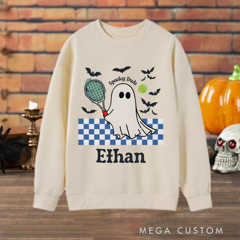 Personalized Halloween Sweatshirt with Ghost Tennis Design and Custom Name