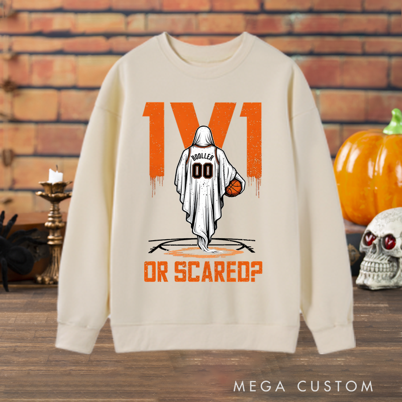Personalized "1v1 or Scared?" Halloween Basketball Sweatshirt with Custom Name and Number
