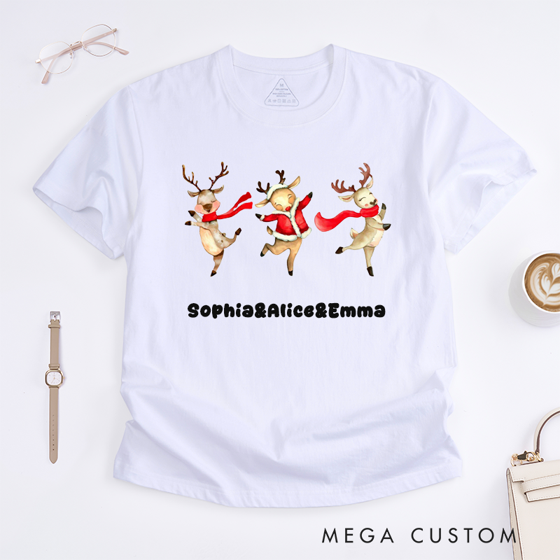 Personalized Christmas Reindeer T-Shirts Women Custom Name Cute Gift Unique Christmas Top for Girls Family Friends Outfit