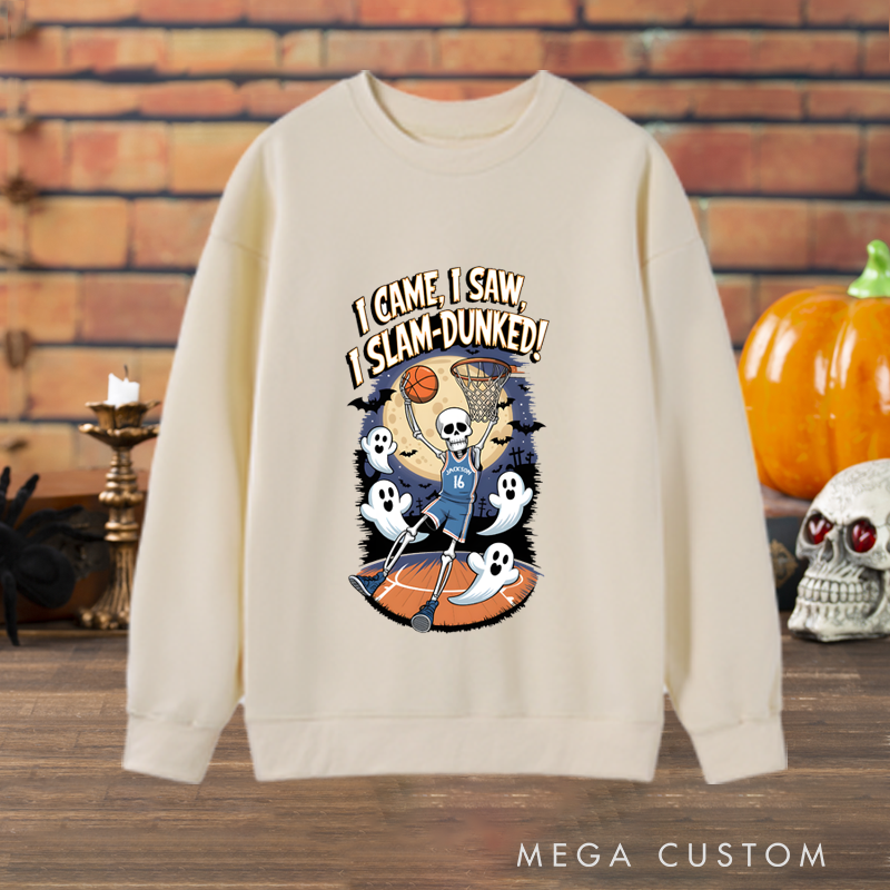 Personalized Halloween Sweatshirt with Skeleton Basketball Design, Custom Name, and Number