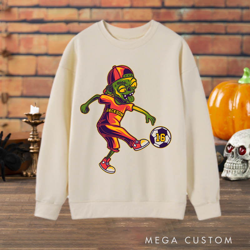 Personalized Halloween Sweatshirt with Zombie Soccer Player Design, Custom Name, and Number
