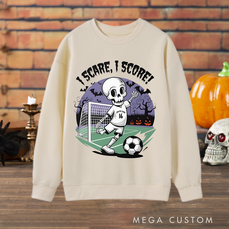 Personalized Halloween Soccer Sweatshirt with Skeleton Player Design, Custom Name, and Number