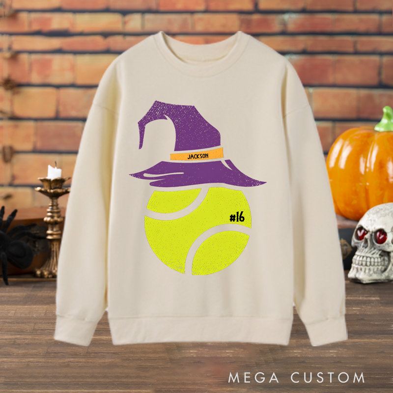 Personalized Halloween Tennis Sweatshirt with Witch Hat Design, Custom Name, and Number
